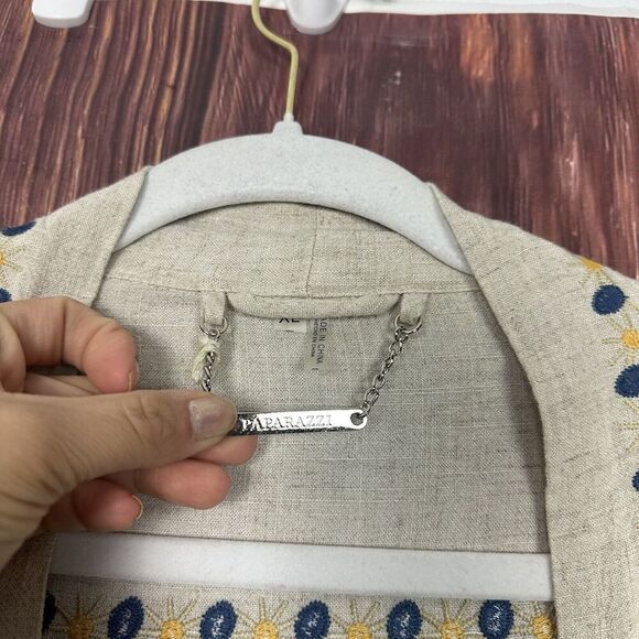 Paparazzi Womens Kimono Jacket Embroidered Open Front Beige Linen Blend Size XL - Picture 8 of 8